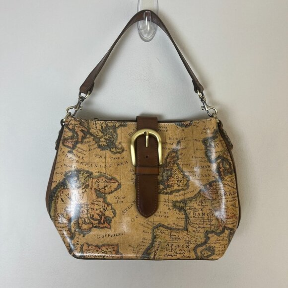 Patricia Nash Bag Irving European Map Print Genuine Leather Brown Buckle Handbag - Picture 1 of 16